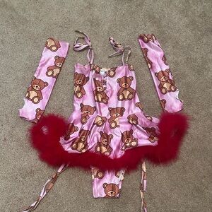 iHeartRaves Pink Teddy Print Costume with Red Feather Trim